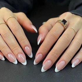 Minimalist Nail Art With Short Circles Press On Nails Short Almond Fake Nails Oval French Tip False Nails With Design Swirls Stick On Nails