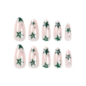 ( Nail Green Star ) Length Long Water Pipe Fake Nails Square Had Nail Tips False Nail Girl (24 PCS)