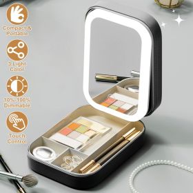 1Pc Portable Travel Makeup Bag With LED Mirror Rechargeable Beauty Mirror With 3 Color Light Dimmable Brightness Waterproof Cosmetic Bag With 4 Compar (Option: BLACK)