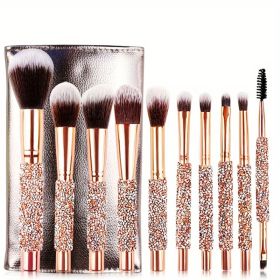 10Pcs Luxury Makeup Brush Set Diamond Rivet Handle Design Crystal Makeup Brush, For Face And Eye Makeup Brush Professional Foundation Concealer Eye Sh (Option: Brown)