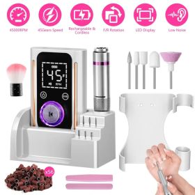 Portable Electric Nail Drill Bit 45000 RPM With 11 Bits Base Waist Clip Cordless Rechargeable Nail File Machine For Professional Salon Home Acrylic Na (Option: WHITE)