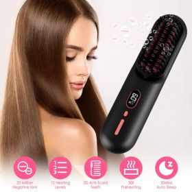 Cordless Negative Ion Hair Straightener Brush Rechargeable Mini Styling Comb With 12 Heating Levels Anti-scald 30S Preheating 30Mins Auto Sleep LCD Di (Option: BLACK)