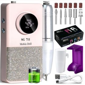 Professional Electric Cordless Nail Drill File-Glitter Portable Cordless E-File Nail Drill Kit With 6 Drill Bits 45000RPM Rechargeable Nail Drills Mac (Option: Pink)