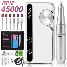 Professional Electric Nail Drill, 45000 RPM Cordless E-File Machine, With 12 Bits, Sanding Bands, LCD Display Electric Nail File For Acrylic Gel Nails (Option: WHITE)