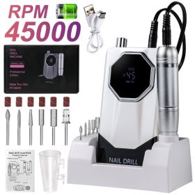 45000RPM Professional Portable Nail Drill Cordless Low Noise Nail Filer Electric Machine With Efile Bits & Base For Acrylic Nails, Electric Nail File (Option: WHITE)