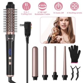 2 Type Options--1Pc 5 In 1 Curling Wand Hair Curling Iron Brush Anti-Tangle Hair Thermal Brush Curler With 4 Heating Levels 360 Degree Rotatable Cable (Option: WithLeakageProtect)