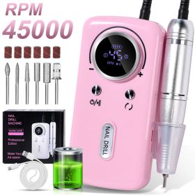 Professional Electric Nail Drill, 45000RPM Cordless Nail File Drill With 6 Drills, LCD Display, Nail File Machine For Removing Acrylic Gel Nails, Nail (Option: Pink)