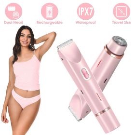 2 In 1 Bikini Trimmer for Women Dual Head Cordless Body Shaver IPX7 Waterproof Rechargeable Pubic Hair Razor Wet And Dry Use for Bikini Underarm Leg A (Color: Pink)