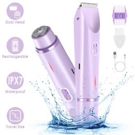 2 In 1 Bikini Trimmer for Women Dual Head Cordless Body Shaver IPX7 Waterproof Rechargeable Pubic Hair Razor Wet And Dry Use for Bikini Underarm Leg A (Color: Purple)
