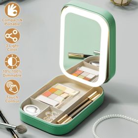 1Pc Portable Travel Makeup Bag With LED Mirror Rechargeable Beauty Mirror With 3 Color Light Dimmable Brightness Waterproof Cosmetic Bag With 4 Compar (Option: Green)