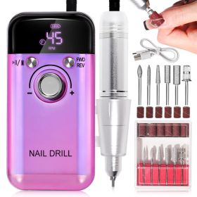 Electric Nail Drill Professional 45000RPM - Rechargeable Nail Drill Kit Portable Electric Nail File With Complete Bits For Acrylic Nails Gel Polishing (Option: Purple)