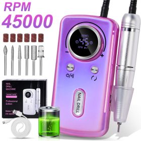 Professional Electric Nail Drill, 45000RPM Cordless Nail File Drill With 6 Drills, LCD Display, Nail File Machine For Removing Acrylic Gel Nails, Nail (Option: Purple)