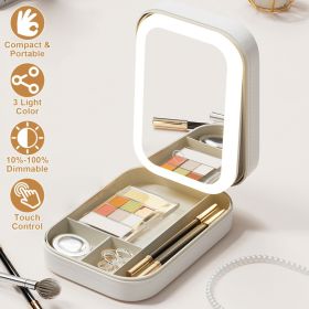 1Pc Portable Travel Makeup Bag With LED Mirror Rechargeable Beauty Mirror With 3 Color Light Dimmable Brightness Waterproof Cosmetic Bag With 4 Compar (Option: WHITE)