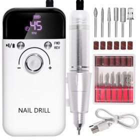 Electric Nail Drill Professional 45000RPM - Rechargeable Nail Drill Kit Portable Electric Nail File With Complete Bits For Acrylic Nails Gel Polishing (Option: WHITE)