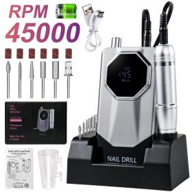 45000RPM Professional Portable Nail Drill Cordless Low Noise Nail Filer Electric Machine With Efile Bits & Base For Acrylic Nails, Electric Nail File (Option: Gray)